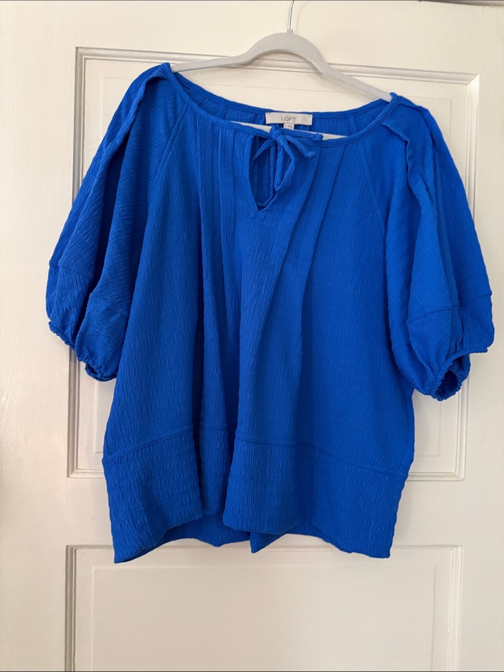 LOFT Cobalt Blue Tie-Neck Puff Sleeve Blouse